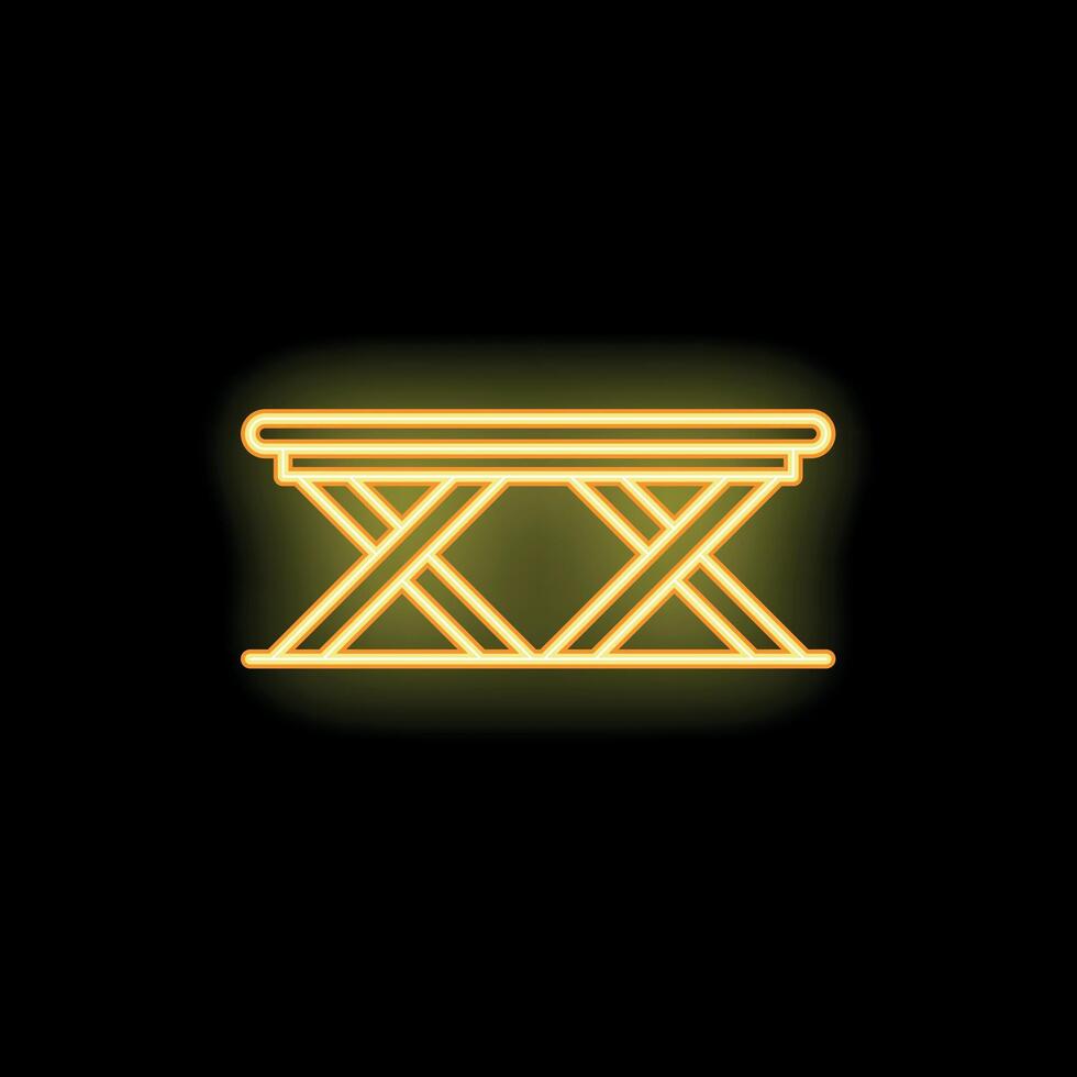 Yellow neon icon of folding camping table glowing on black background vector