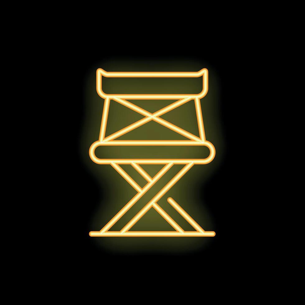 Neon sign of folding camping chair glowing on black background vector
