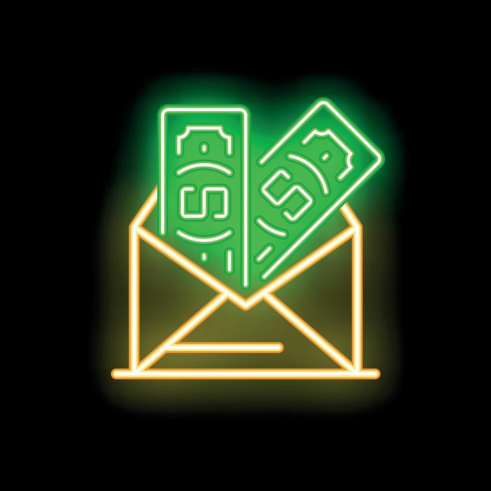 Neon envelope containing money for salary, bonus, bribe, or gift vector