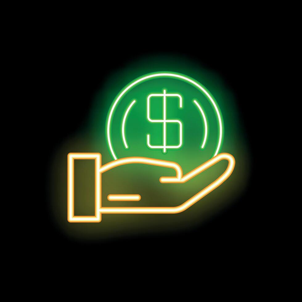 Neon sign of hand holding a dollar coin, savings and investment concept vector