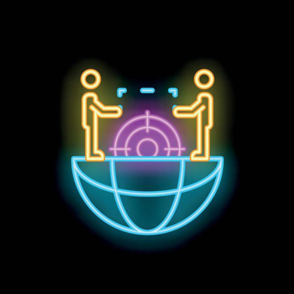Two businessmen standing on planet earth targeting global market neon signboard style icon vector