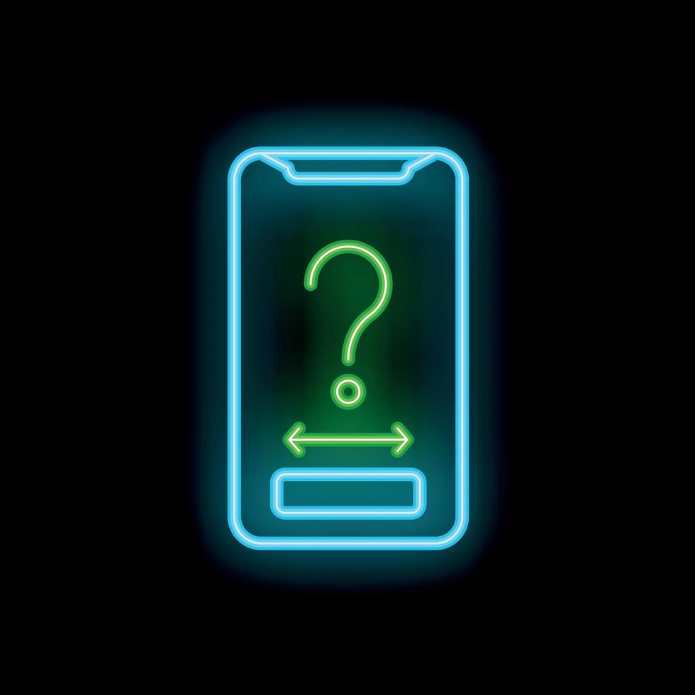 Neon green question mark inside smartphone screen displaying resize gesture icon vector