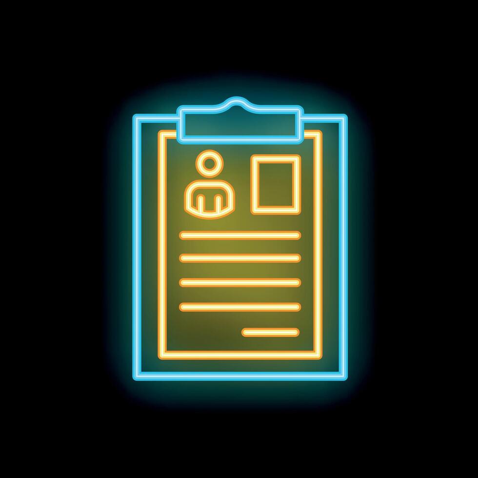 Glowing neon line is showing a clipboard with a resume on it, isolated on a black background vector