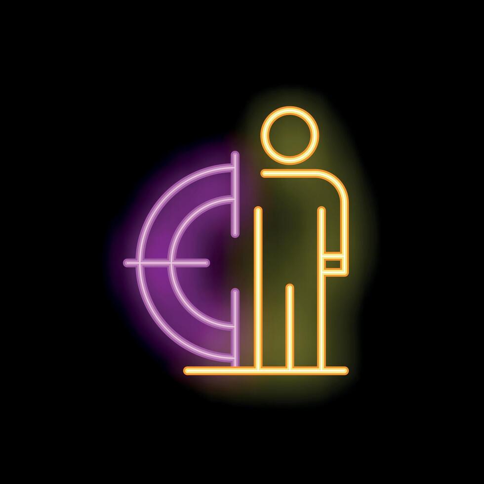 Neon icon of person standing with target behind on black background vector