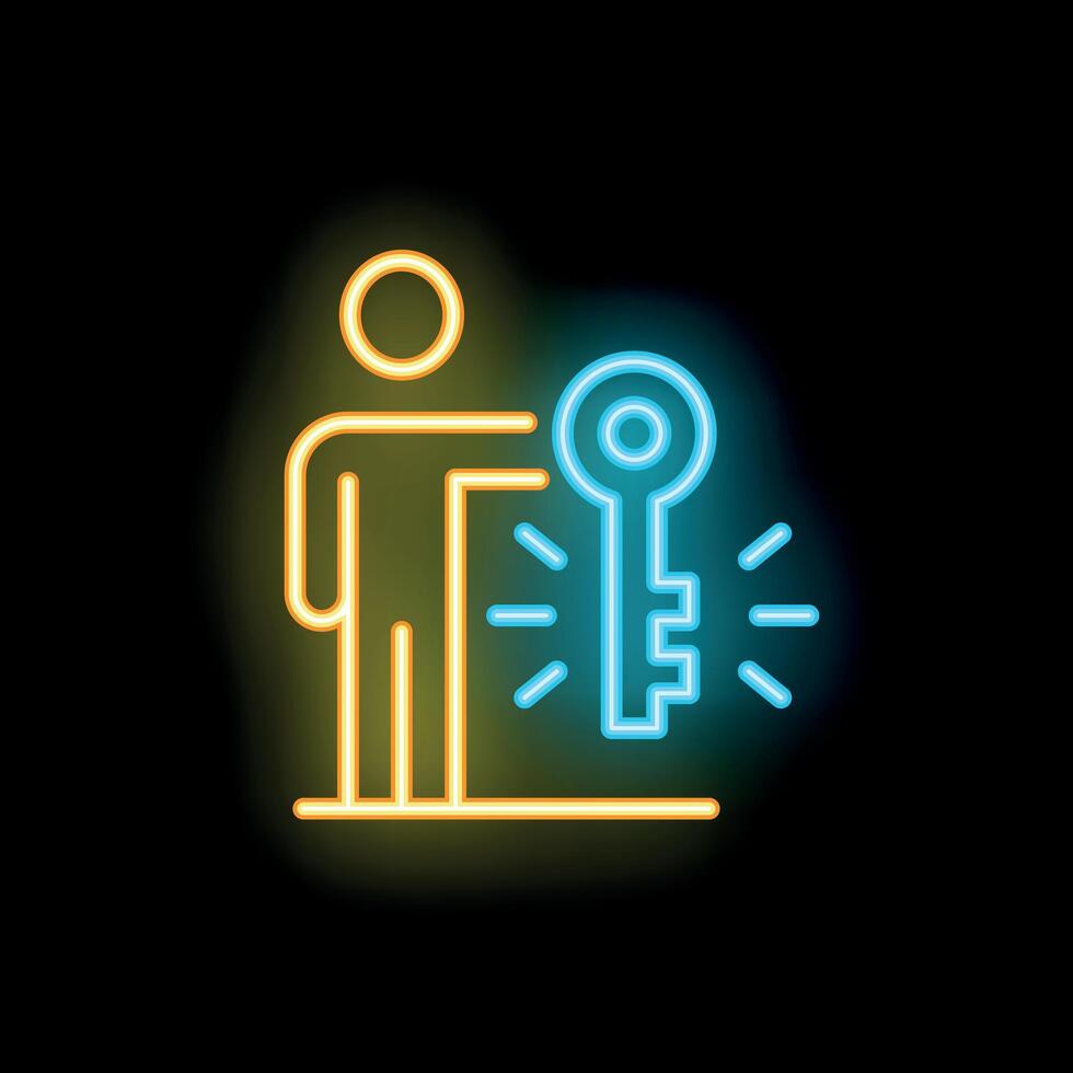 Neon icon of a businessman holding a big glowing key vector