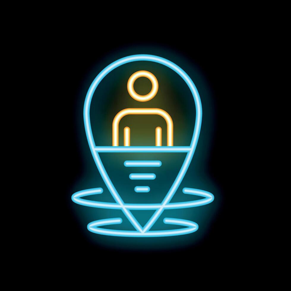 Neon icon of location pin showing person standing on platform vector