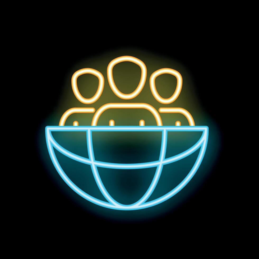 Neon icon of people standing inside planet earth for global community vector