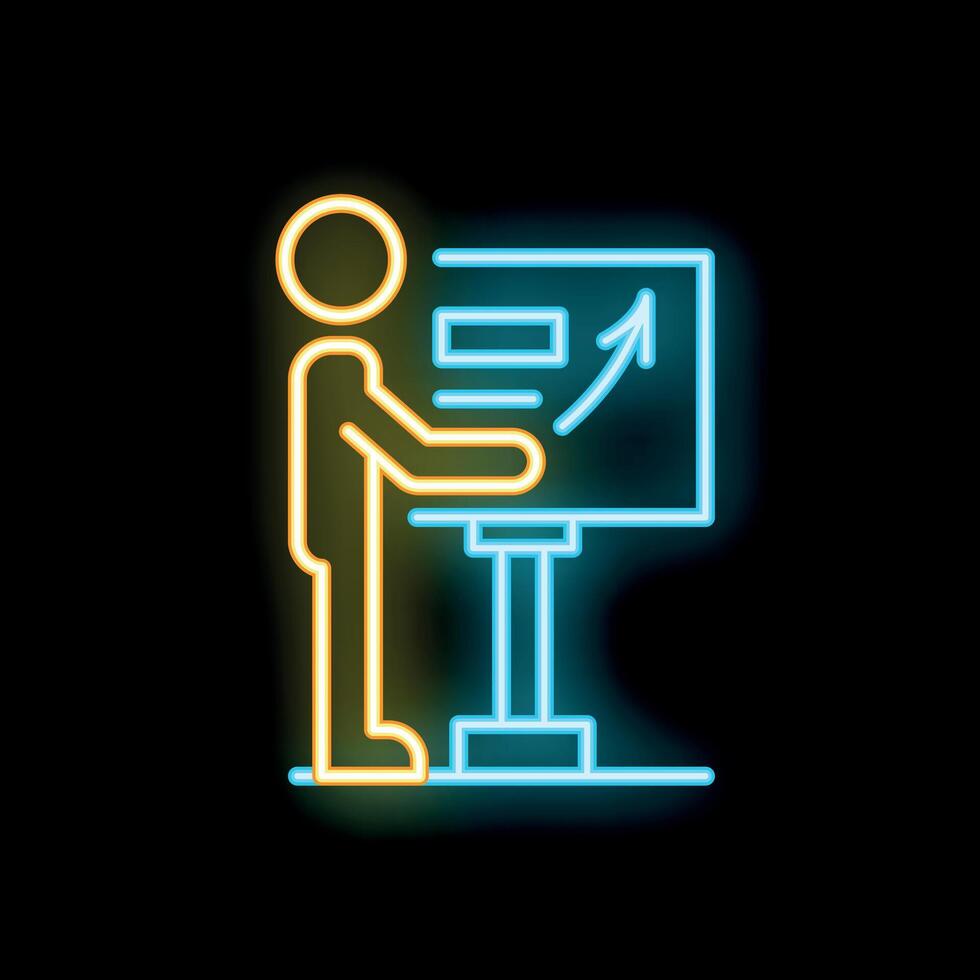 Businessman presenting growing statistics on flip chart neon sign icon vector