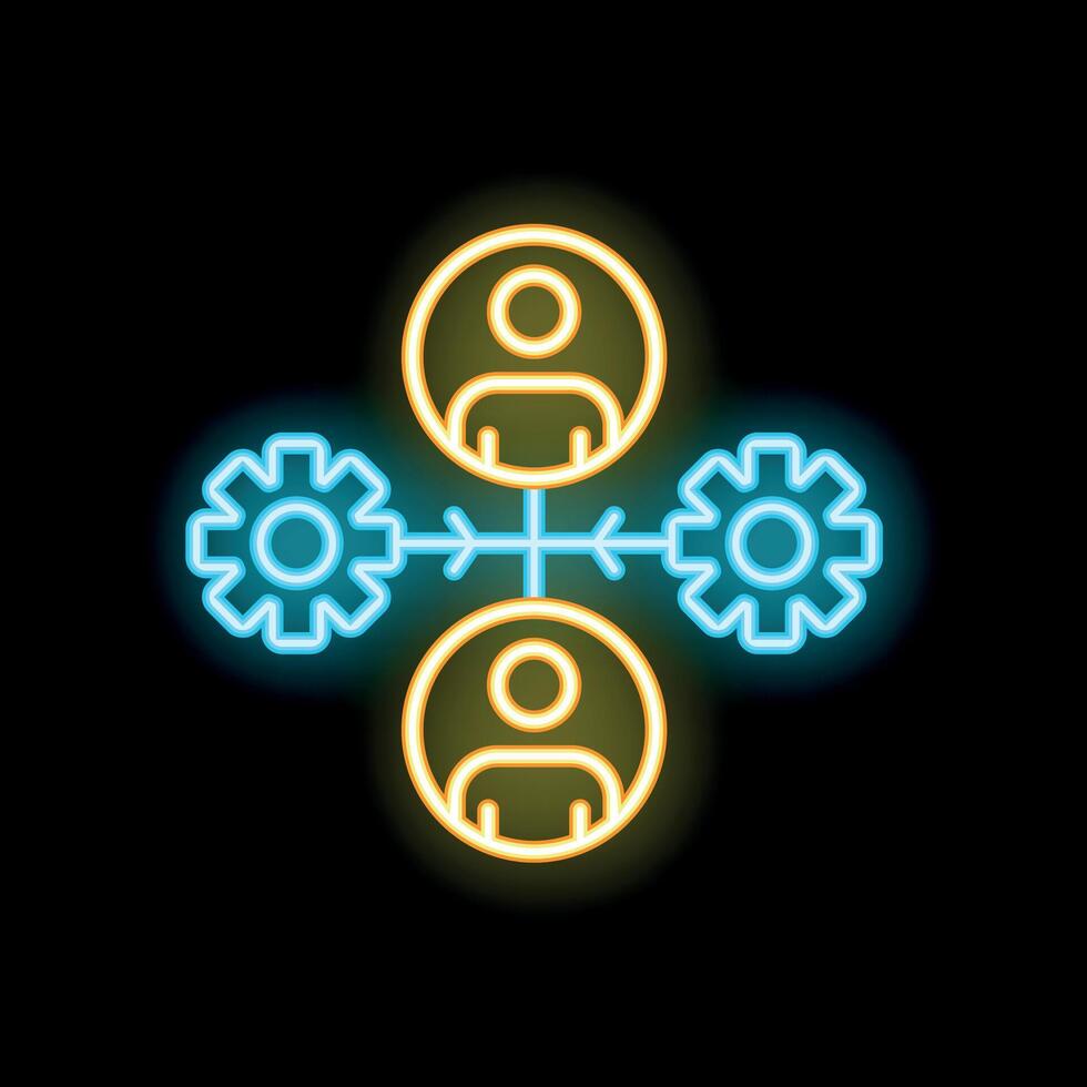 Neon icon of business people connecting through a network of gears vector