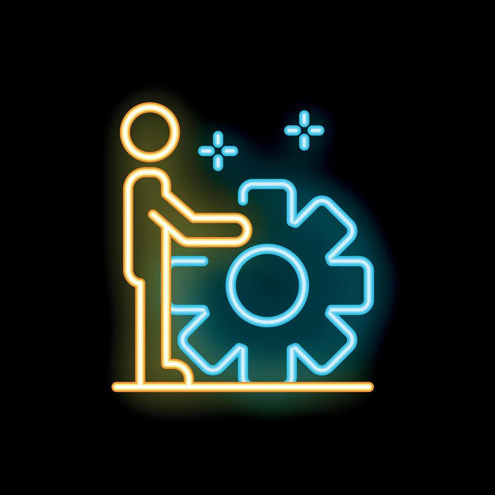 Businessman moving forward with big gear neon sign icon vector