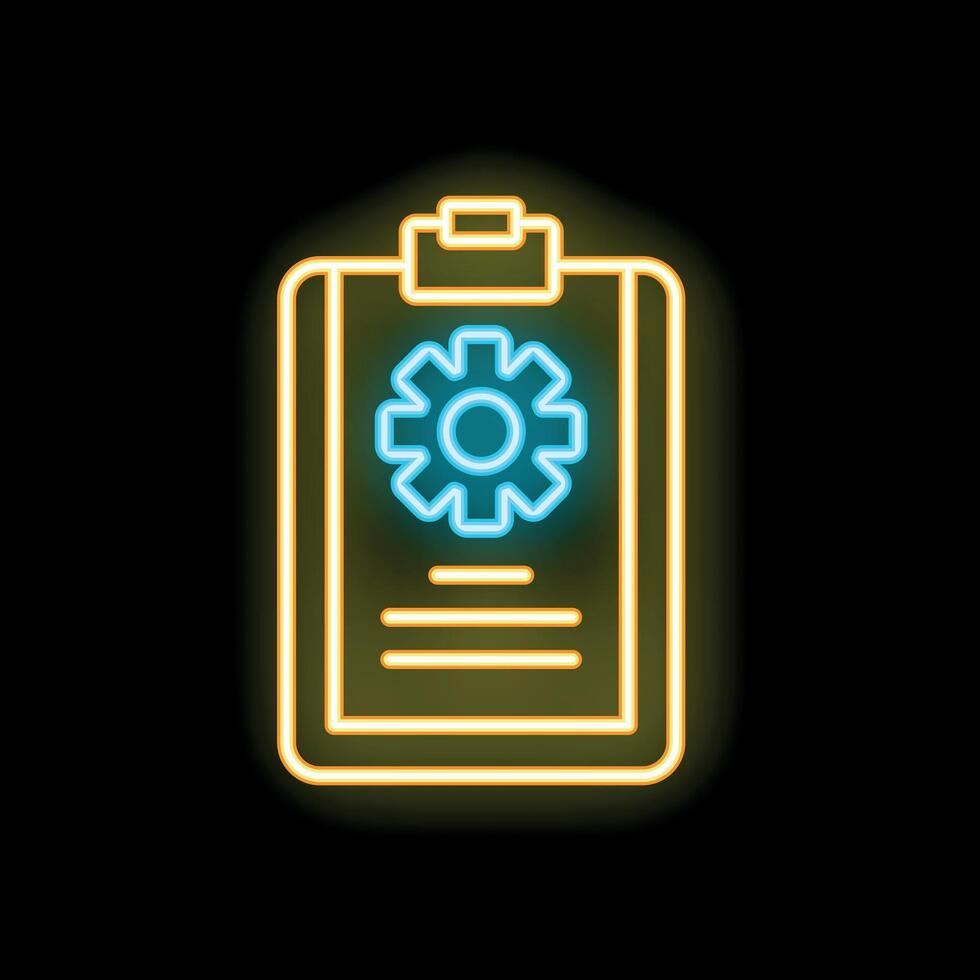 Neon yellow clipboard showing technical support on black background vector