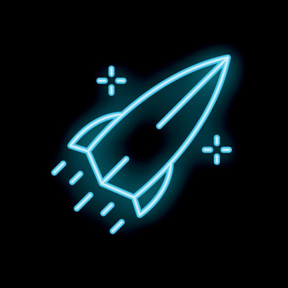 Blue neon rocket ship flying through space leaving a trail vector