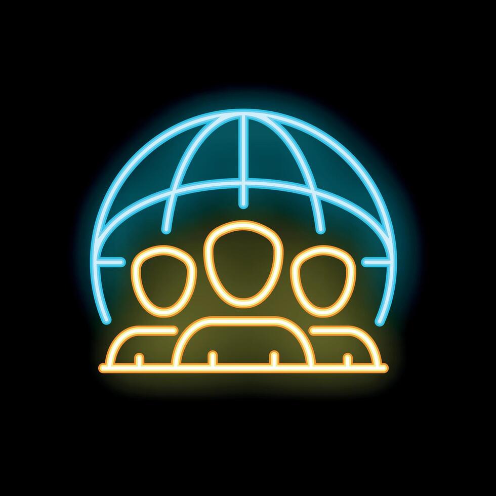 Neon icon of people connecting under a globe for global business vector