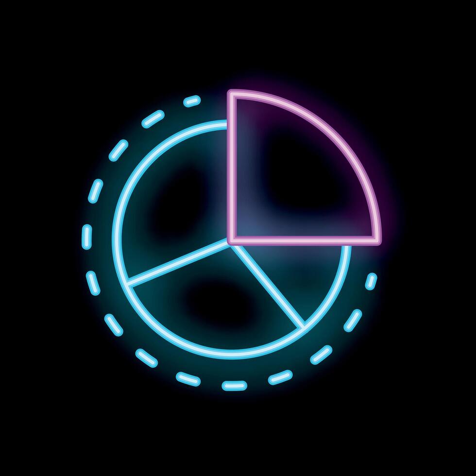 Neon sign representing pie chart with motion lines on black background vector