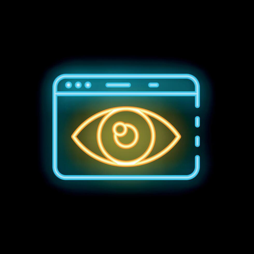 Neon sign showing browser with eye symbol for tracking and monitoring user activity vector
