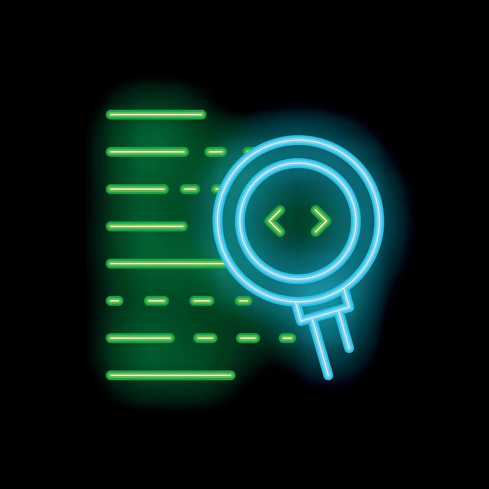 Neon magnifying glass analyzing code lines, programming concept vector