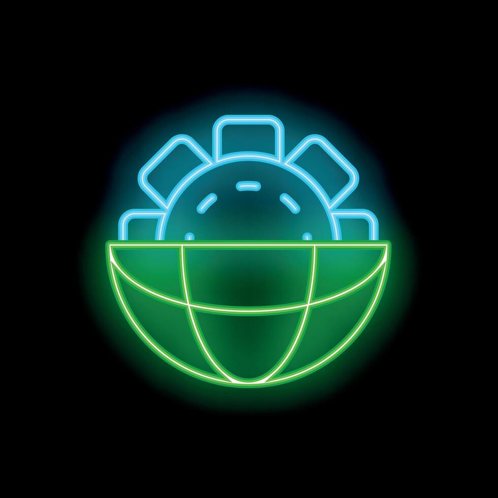 Neon sign representing global business with cogwheel over earth for international collaboration vector