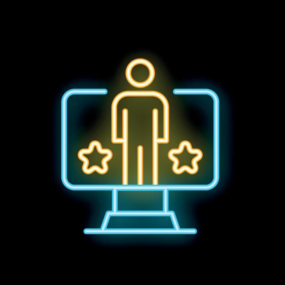 Neon icon of person standing on computer screen with stars for online reputation management vector