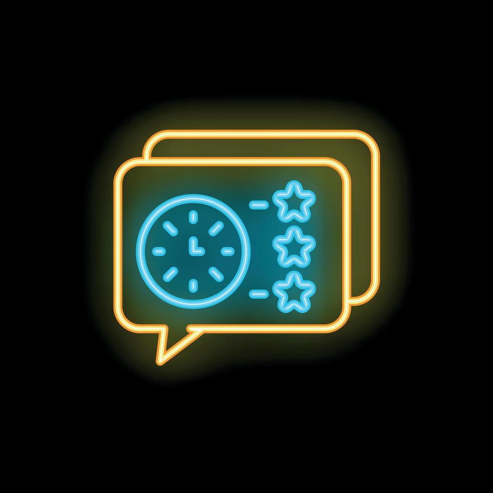 Neon glowing symbol of quick customer review with five stars rating and clock vector