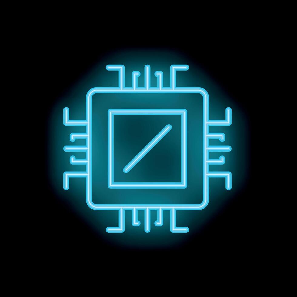 Blue neon cpu microchip icon glowing on black background vector