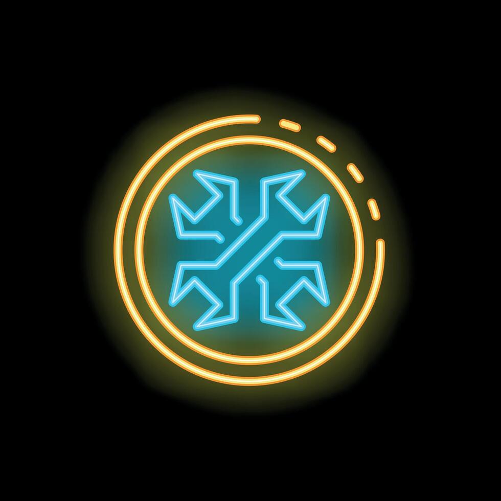 Neon sign representing versatile expansion with arrows pointing outward in a circle vector