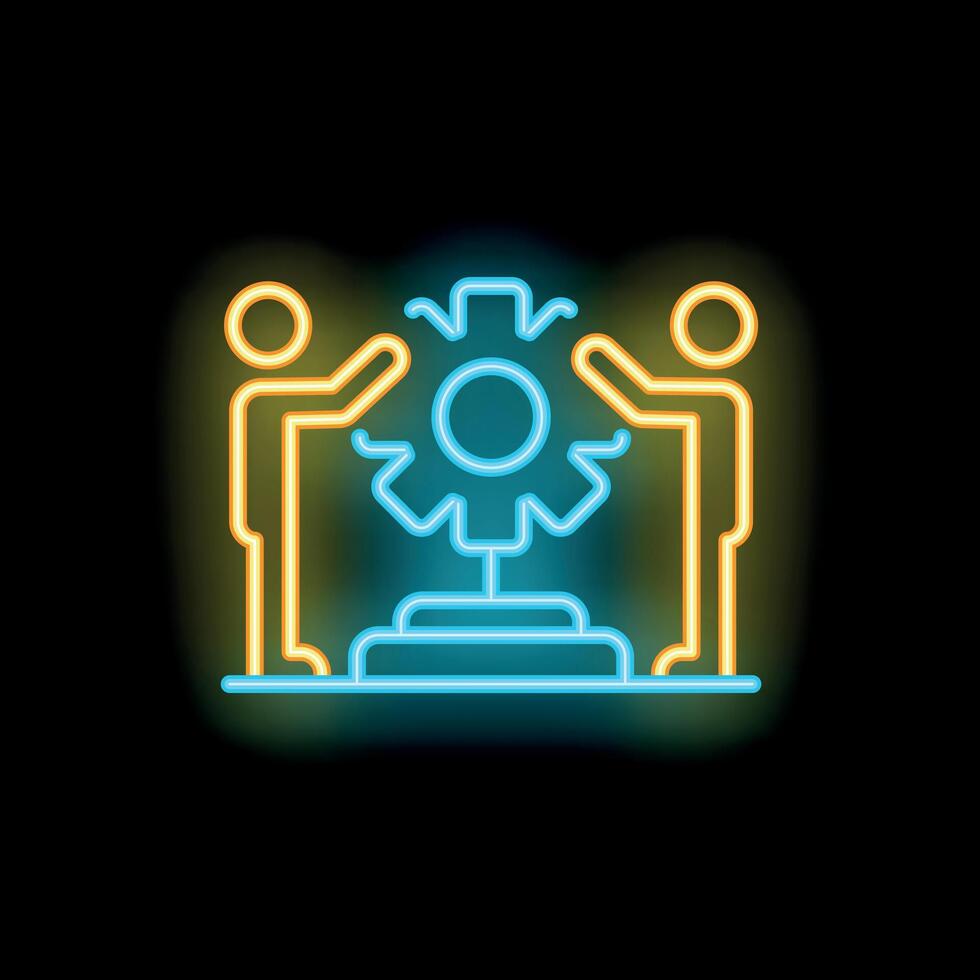 Two businessmen collaborating on a project symbolized by a neon gear icon vector