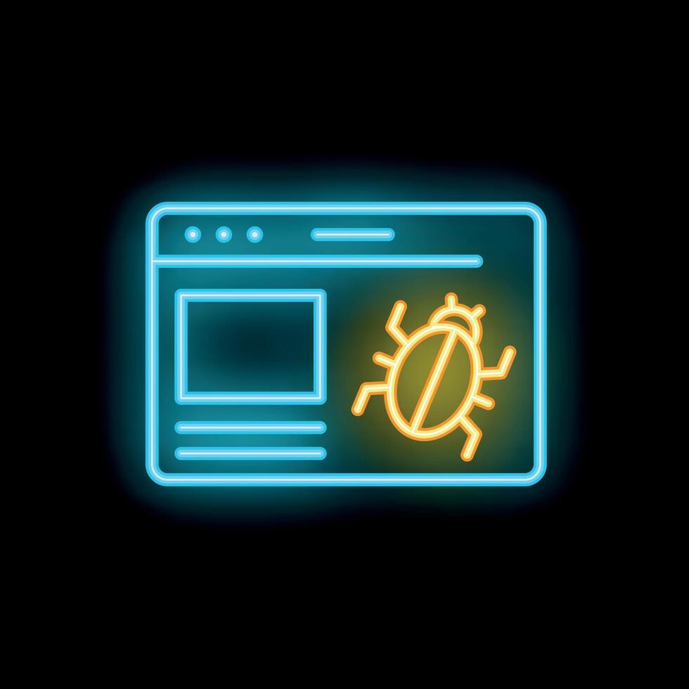 Neon website bug icon glowing on black background vector