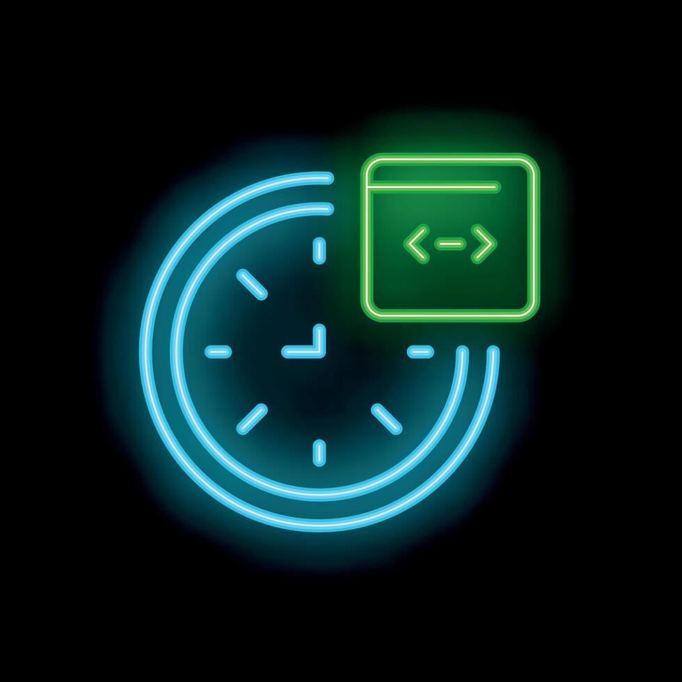 Neon sign representing time management for web development with clock and code vector