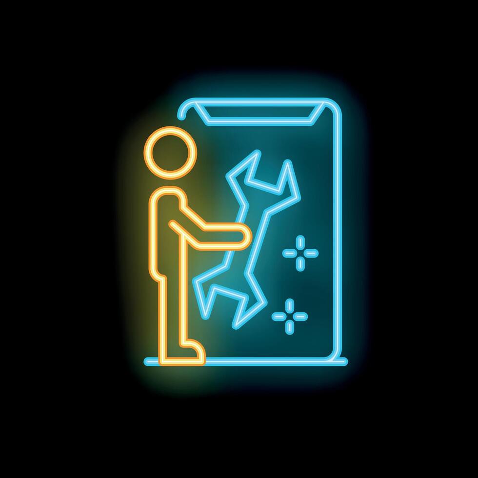 Technician fixing smartphone with wrench neon signboard on black background vector