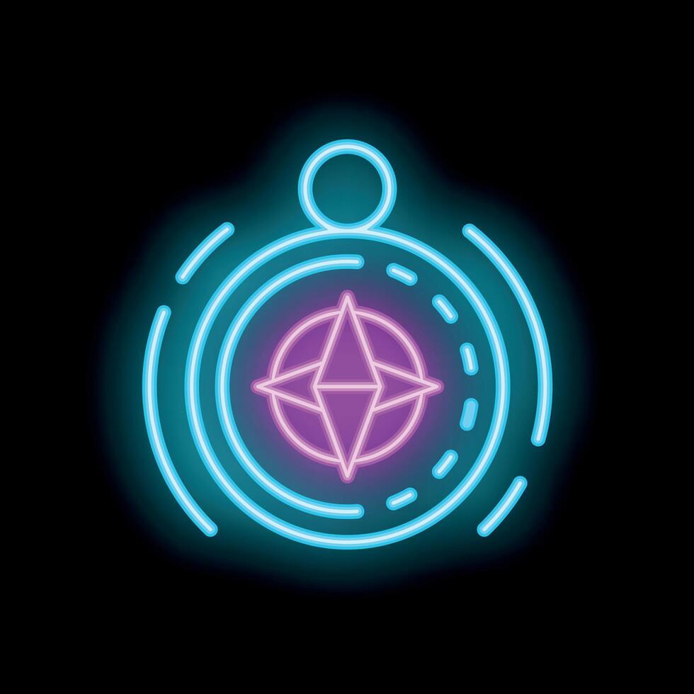 Neon compass icon glowing on dark background vector