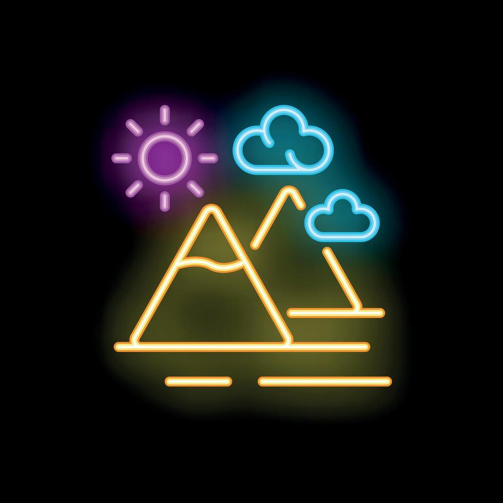 Neon sign showing mountains landscape with sun and clouds vector
