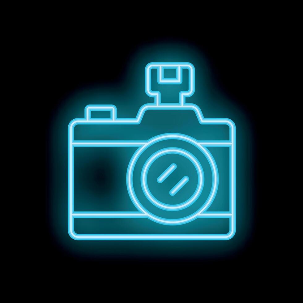 Neon camera shining in the dark illustrating photography vector