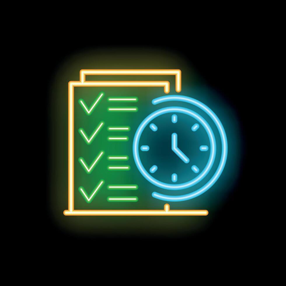 Neon sign showing clock symbolizing time management and planning vector