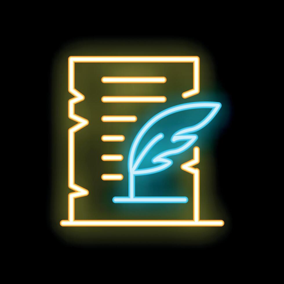 Neon quill pen writing on paper icon glowing brightly vector