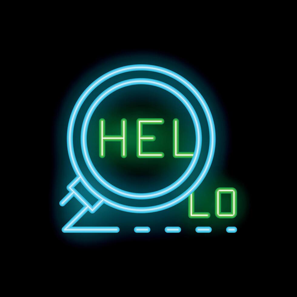 Neon magnifying glass focusing on help text on dark background vector