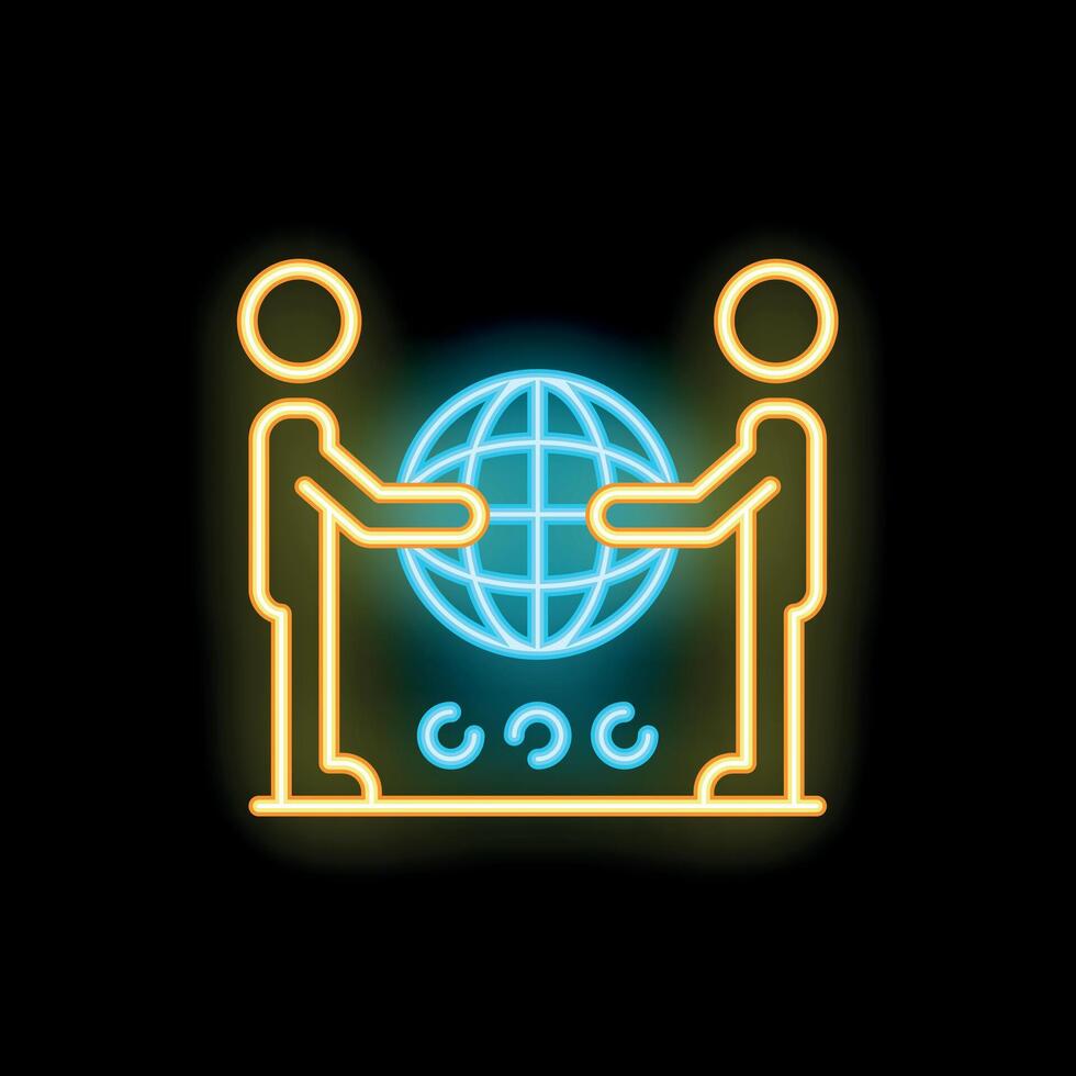 Two businessmen holding a globe neon sign icon vector