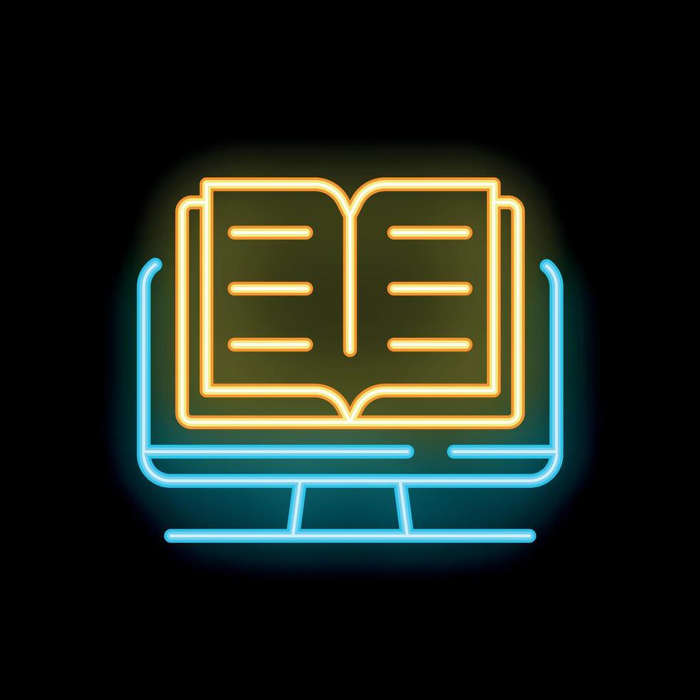 Neon icon of open book displaying on computer monitor screen vector
