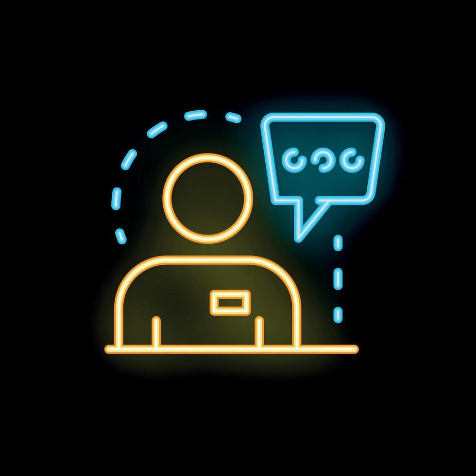 Neon icon of person talking, communication and discussion with speech bubble vector