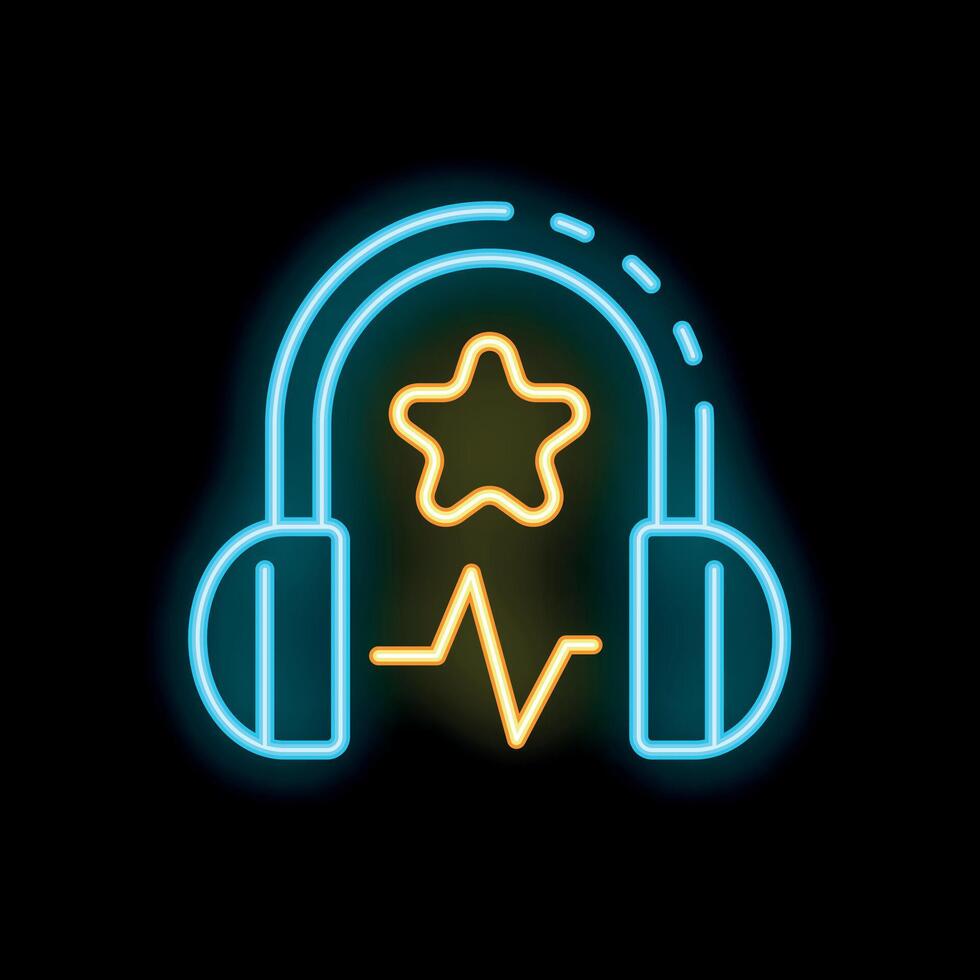 Neon icon of headphones showing music quality with star and soundwave vector
