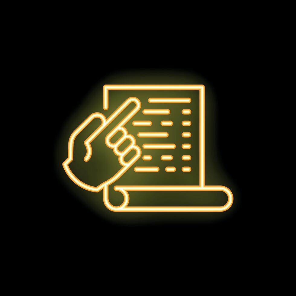 Neon sign of hand pointing at paper scroll with text vector