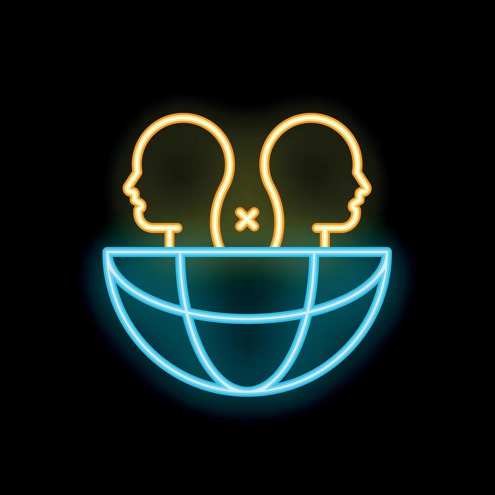 Neon icon of two people separated with an x on a world globe background vector