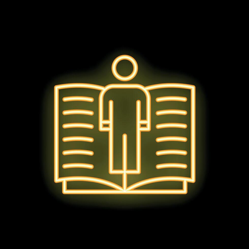 Neon icon of a person standing within a book representing education and knowledge vector