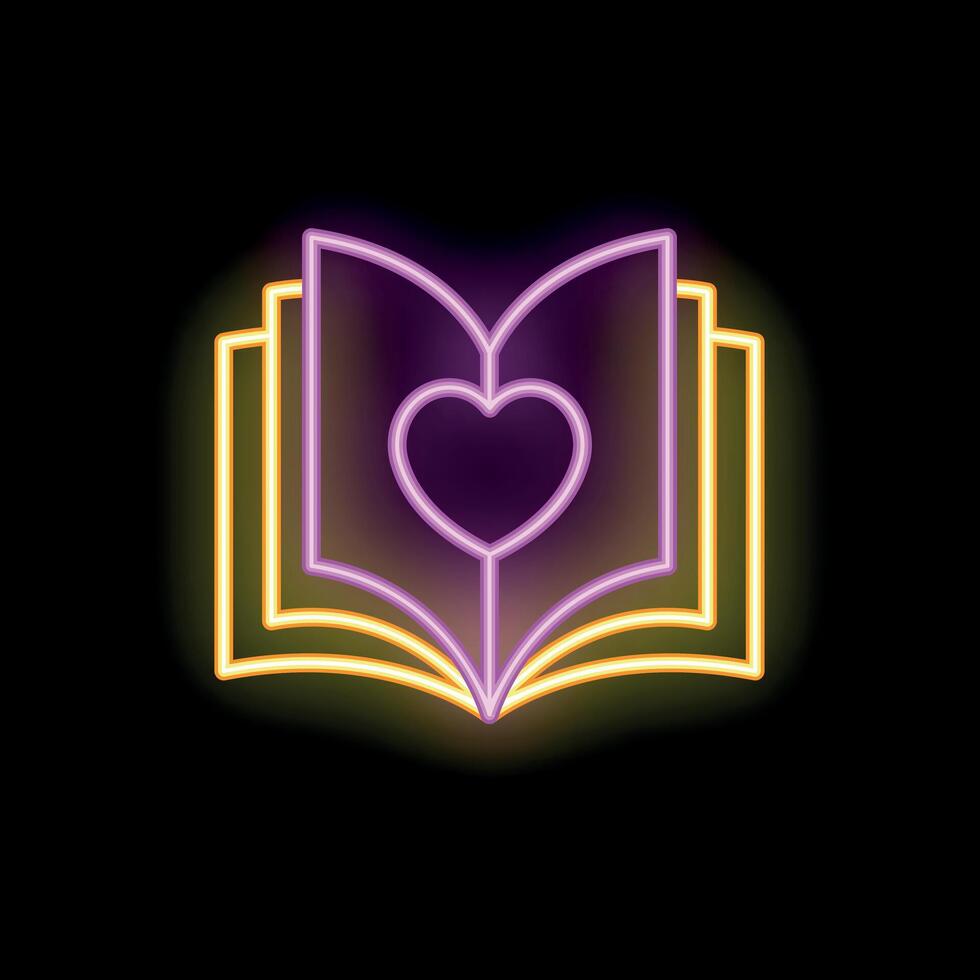 Open book with heart shape neon sign on black background vector