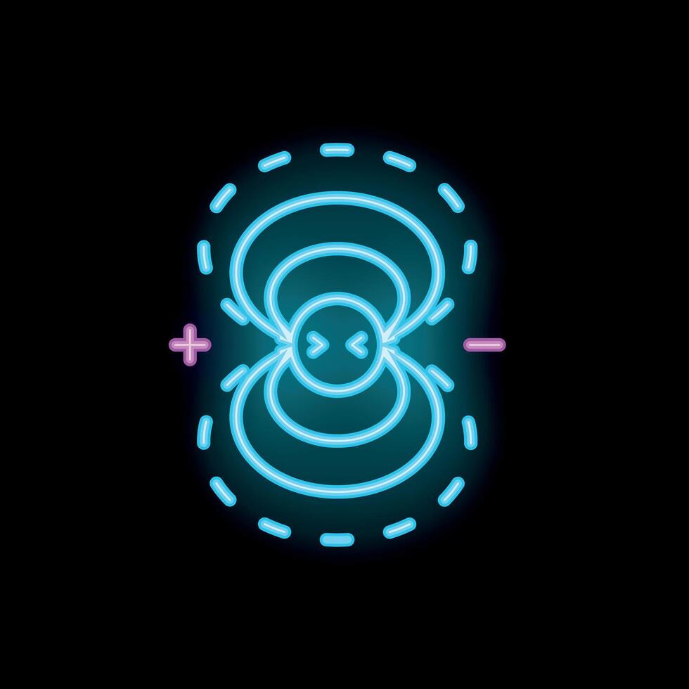 Neon style icon of magnetic field with plus and minus poles glowing on black background vector