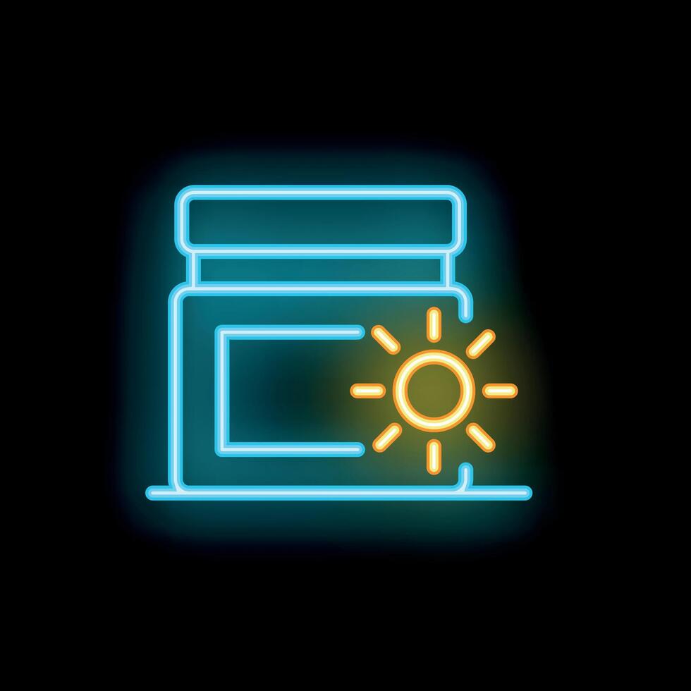 Neon sign of sunscreen bottle shining on black background vector