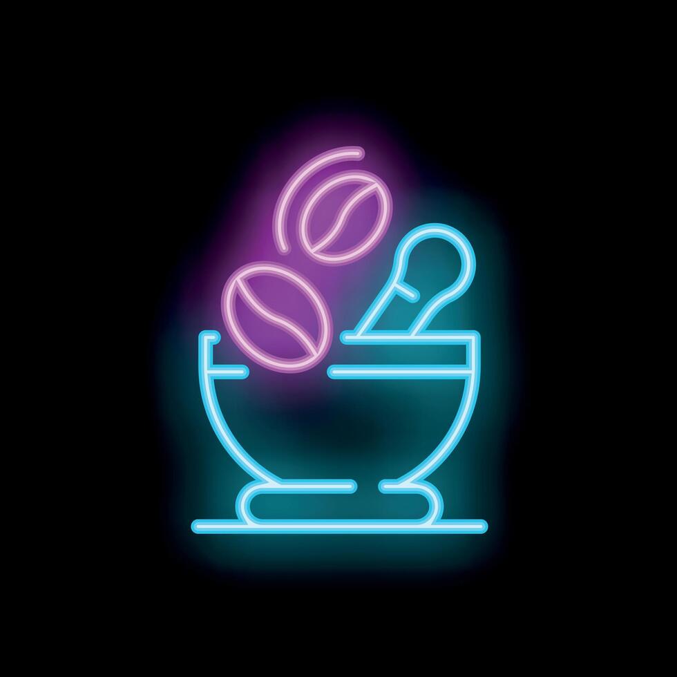 Neon sign representing coffee beans being crushed in mortar and pestle vector