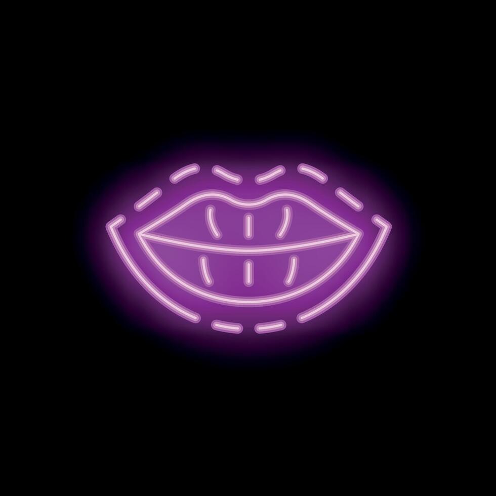 Neon lips showing teeth with stitches around mouth on black background vector