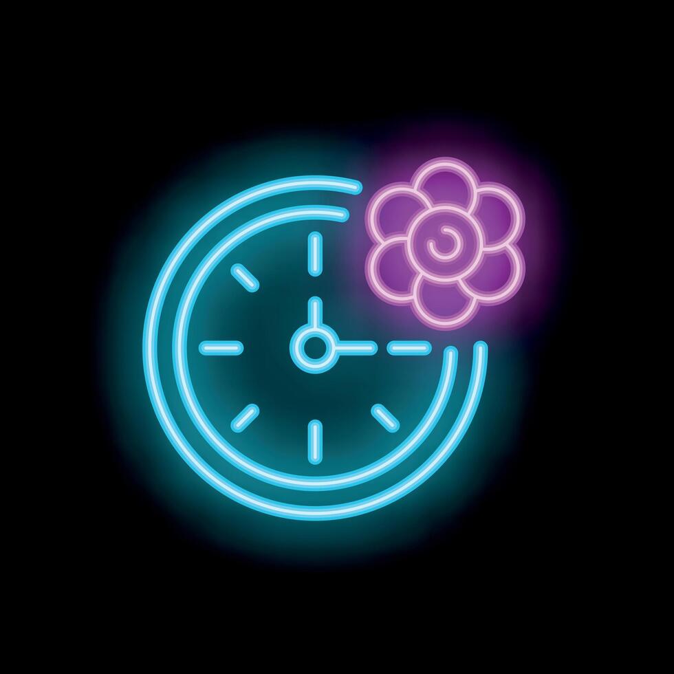 Neon clock showing spring time change with flower icon vector