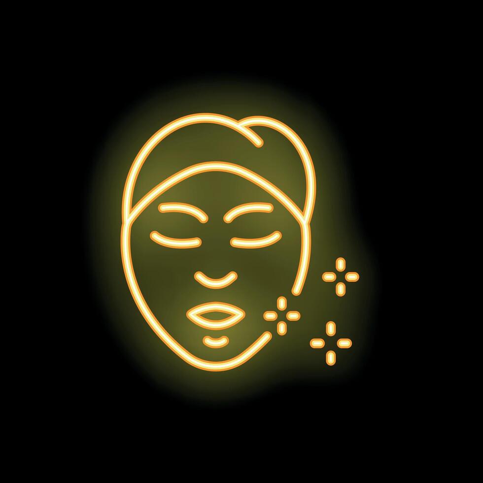Neon sign representing woman receiving facial treatment with sparkles around face vector