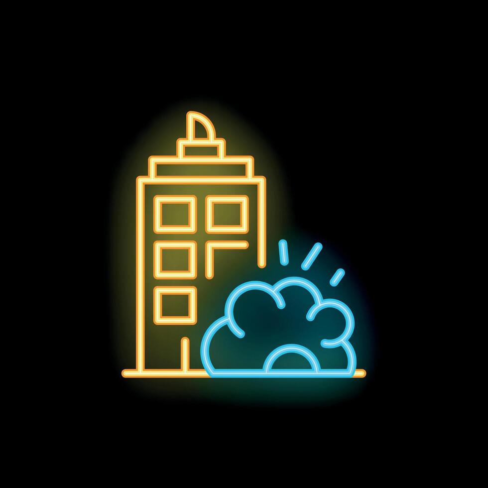 Yellow skyscraper under construction with a blue smoke cloud in neon style vector